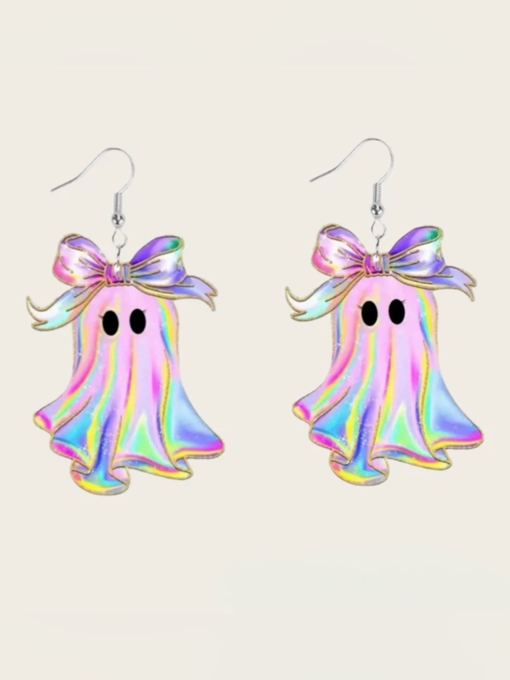 Holographic Pink Ghost Bow Drop Earrings